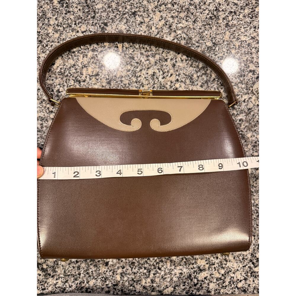 Vintage 1950s Brown & Cream Structured Top Handle Handbag - Picture 8 of 13